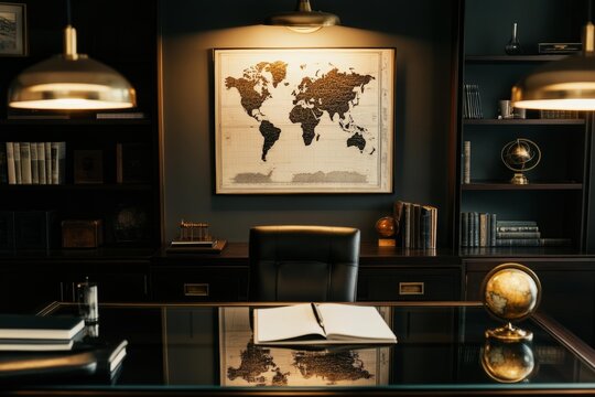 Sophisticated office with vintage world map and elegant decor for professional inspiration - Powered by Adobe