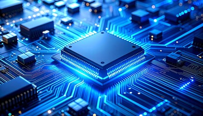 Close up of a glowing blue central processing unit on a complex illuminated circuit board with intricate pathways
