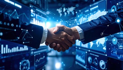 Businessmen shaking hands in a futuristic digital environment with glowing data charts and world map