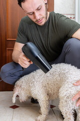 Man drying his wet dog with a hair dryer after bath