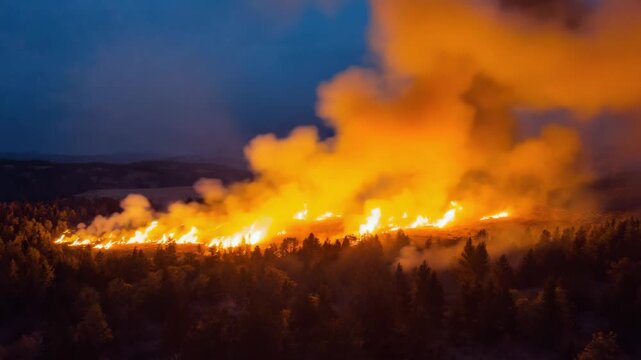 Summer fire in forest. Aerial view. Problem with climate change