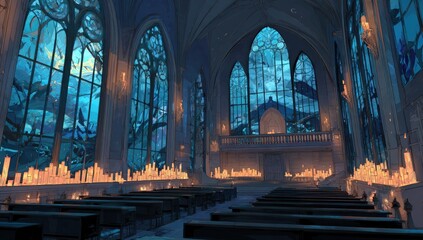Obraz premium Cathedral twilight, candles lit, winter scene, stained glass, fantasy art