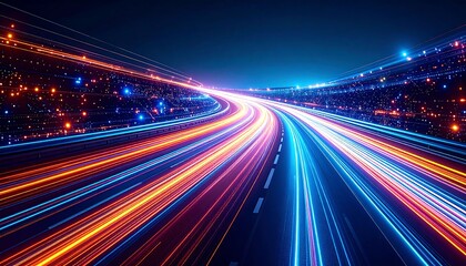 Vibrant streaks of light from speeding cars illuminate a futuristic highway at night creating a sense of motion and speed