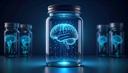 Glowing blue digital brain inside a glass vial surrounded by similar vials in a dark futuristic laboratory setting