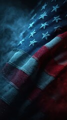 American flag waves in a dramatic, smoky background creating a patriotic ambiance and evoking emotions of freedom and pride