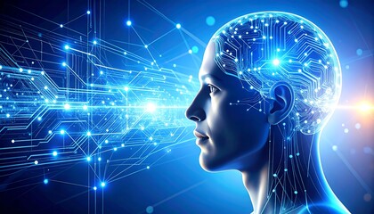 Futuristic human head profile illuminated by glowing blue digital circuits and data streams representing artificial intelligence and technology