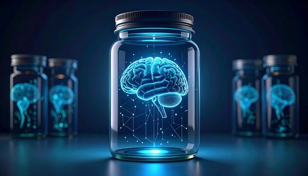 Glowing blue digital brain inside a glass vial surrounded by similar vials in a dark futuristic laboratory setting