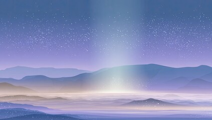 Mystical light beam over misty mountains at night, background stars, for fantasy or spiritual use