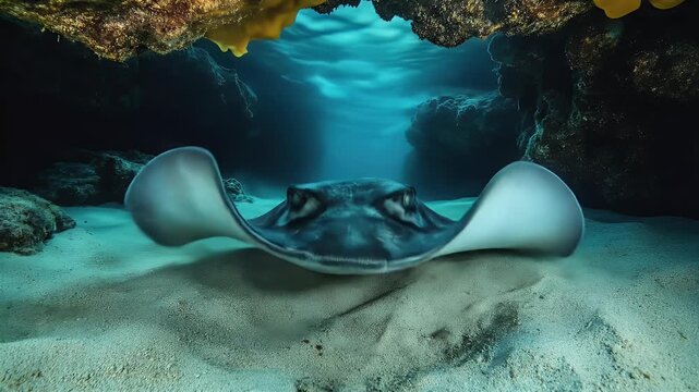 Majestic Stingray: Underwater Grace in Ocean Cave, Marine Life Beauty