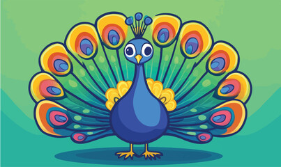 Vibrant cartoon peacock with beautiful feathers for children's book illustration or colorful animal designs