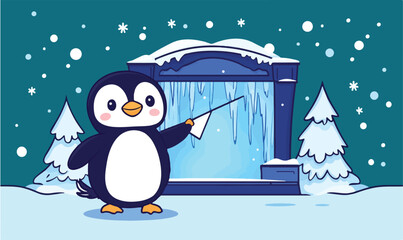 Adorable cartoon penguin presenting winter scene with snowy trees and ice palace background