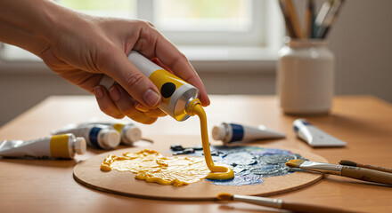 Obraz premium Hand pouring yellow paint onto palette with brushes on wooden table 