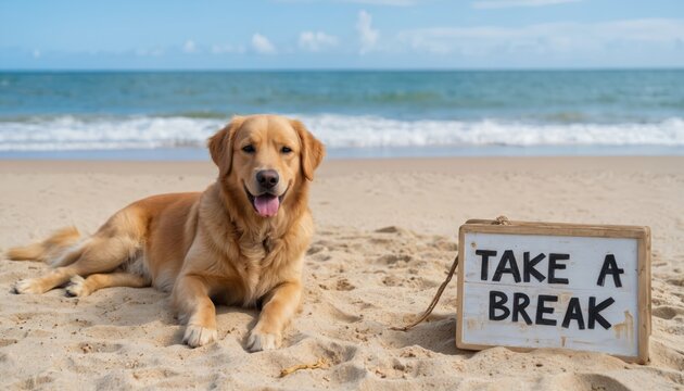 Golden retriever dog relaxes on sandy beach next to Take a Break sign. Sunny day, ocean waves in background. Adorable, happy pet enjoys vacation bliss, promoting pet-friendly travel and relaxation.