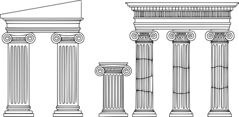 Line Greek pillars and Roman columns, ancient architecture and antique buildings, vector icons. Greece or Rome architecture column pillars of marble stone in line art with pilasters and ornate cornice