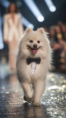 Adorable White Fur Tuxedo Dog Shines in Elegant Fashion Show Runway