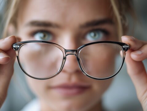 A person with glasses looks directly at the camera, holding the frames with both hands. The image captures a moment of connection and focus.