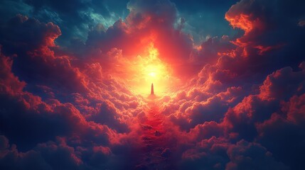 Fototapeta premium Celestial path through fiery clouds, radiant light at the end.