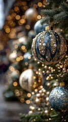 Holiday ornaments hang elegantly on a decorated tree during a festive Christmas market in winter