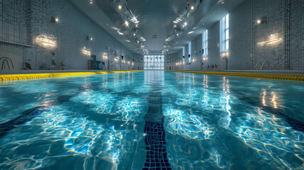 Obraz premium 広大な静かな屋内プールの水中全景演出美