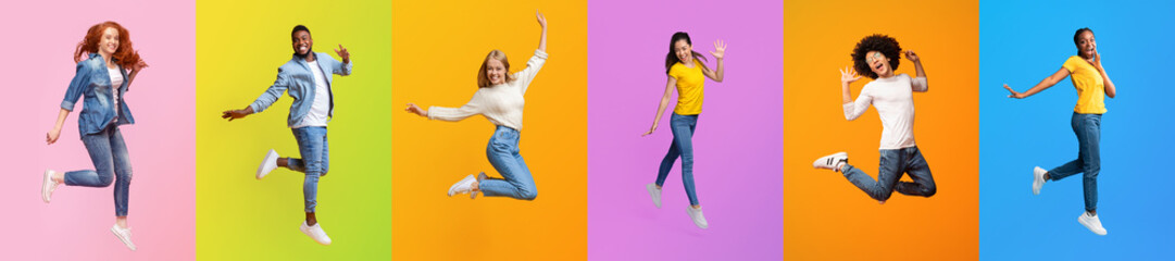 A lively collection of diverse individuals joyfully jumping in front of colorful backgrounds. This collage showcases a vibrant celebration of different lifestyles and cultures.