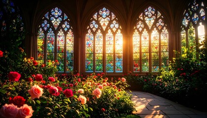 Sunlight streams through ornate gothic stained glass windows illuminating a lush garden of blooming roses