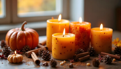 Elegant fall candles in earth tones with decorative holders surrounded by autumn decor  