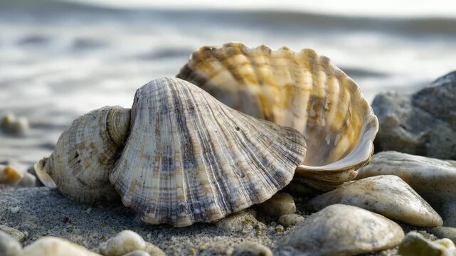 A detailed view of a shell on sandy beach, perfect for travel or coastal-themed designs