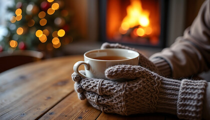 Cozy knitted gloves holding a steaming cup of tea indoors by fireplace  