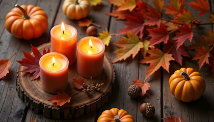 Fall-themed candles on wooden slice with pumpkins and autumn leaves  