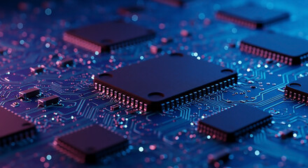 Macro view of an intricate, glowing circuit board with microchips and processors. Futuristic technology concept with blue and red neon lights.