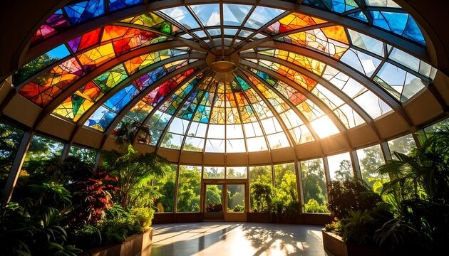 Vibrant stained glass dome ceiling illuminates a lush botanical garden with sunlight streaming through colorful panels - Powered by Adobe