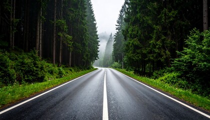 Empty asphalt road with white lines winding through a dense misty evergreen forest with tall trees