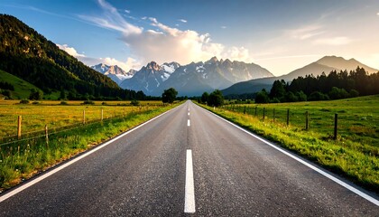 Expansive open road leading through a lush green valley towards majestic snow capped mountains under a dramatic sky