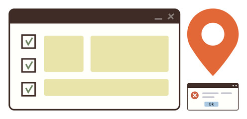 Web browser tab with checklist and yellow boxes, bright orange geolocation pin, and popup error window. Ideal for project management, navigation, error handling, user experience, geotagging