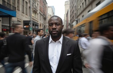 African American man in suit stands on busy city street, surrounded by motion blur of pedestrians, yellow tram. Cinematic style captures contrast between still executive, urban hustle, focus amidst