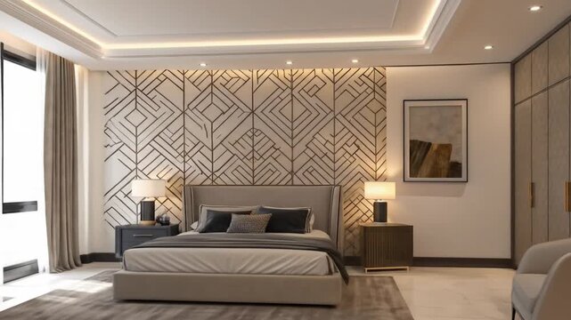 Modern bedroom retreat video revealing stylish geometric wall design and tranquil ambiance ideal for luxury home tours and interior design reels