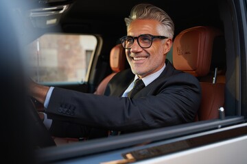 Smiling Man Driving a Luxury Car - Style and Prestige