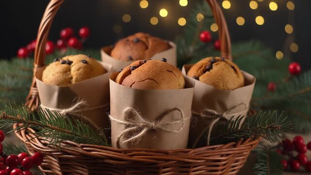 Several mini panettones wrapped in kraft paper and twine, placed in a wicker basket 