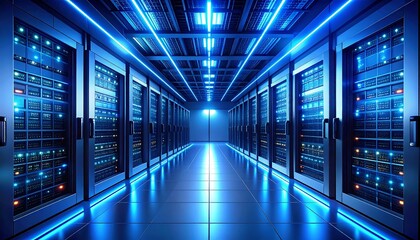 Futuristic glowing blue server room with rows of illuminated data racks and bright ceiling lights