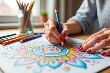 Woman Coloring Mandala with Colored Pencils - Relaxation and Mindfulness
