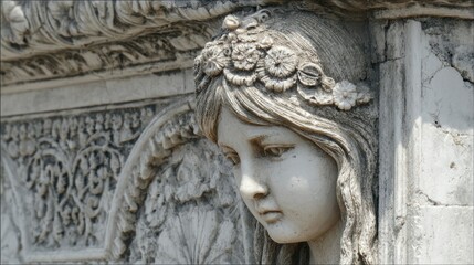 Fototapeta premium Close-up of a sculpted girl's head, ornate decorative background