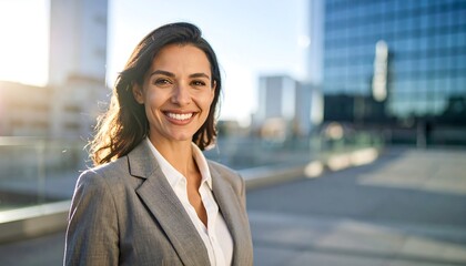 Confident professional woman in business attire smiling outdoors with modern city buildings in the background