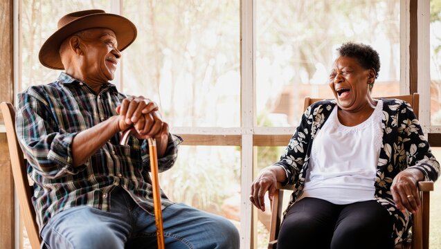 Smiling Senior Couple Laughing Together on Porch