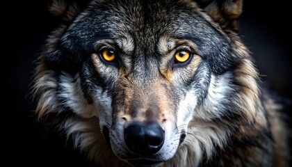 Fototapeta premium Intense close up portrait of a majestic wolf with piercing yellow eyes against a dark background