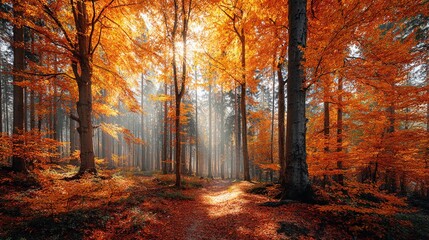 Fototapeta premium Vibrant autumn forest showcasing orange and golden leaves with sunlight streaming through trees on a serene nature path