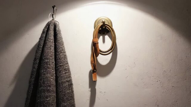 
Leash Hanging Beside Human Coat on Wall Hook