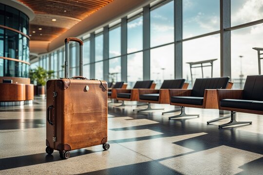 Vintage Suitcase in Airport Lounge with Jet Setter View for Travel and Tourism