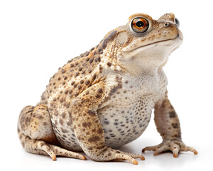 Naklejka premium Close up view of a cane toad with mottled skin and large eyes sitting on a white background looking up