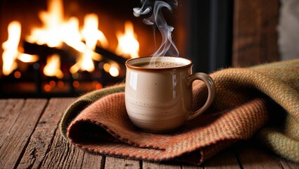 A steaming coffee mug brings warmth next to the crackling fire.