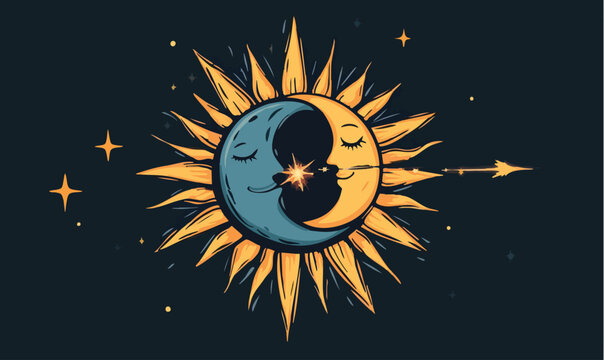 Enchanting celestial embrace of sun and moon sharing a star, symbolizing cosmic harmony and mystery.